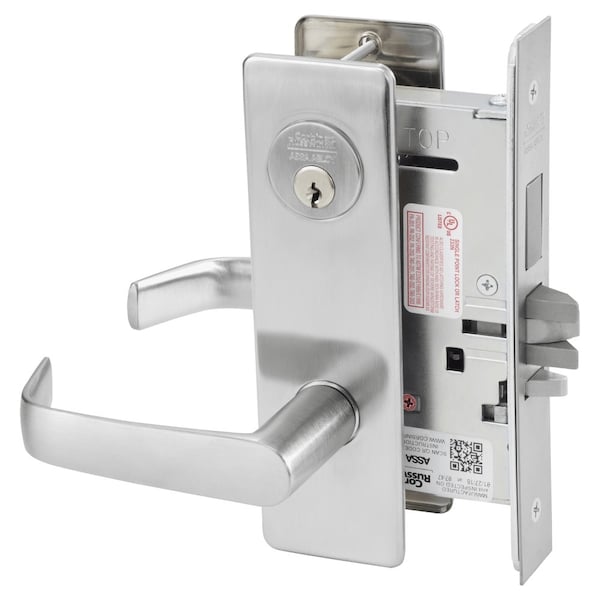 Security Entrance or Office Mortise Lock, NS Lever, M Escutcheon, Satin Stainless Steel